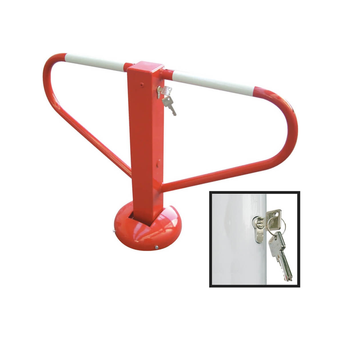 Anfahrsichere Parkplatzsperre 70 x 70 mm umlegbar  mit Profilzylinderschloss - rot weiß
