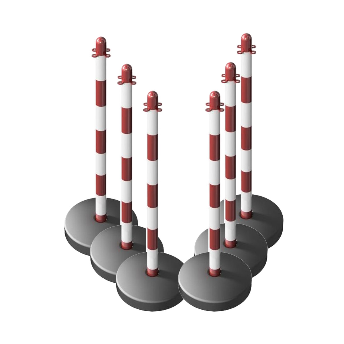 Kettenständer-Set 6 Kunststoffpfosten Ø40 mm mit befüllbarem runden Fuß aus Kunststoff, 10m Kunststoffkette weiß / rot