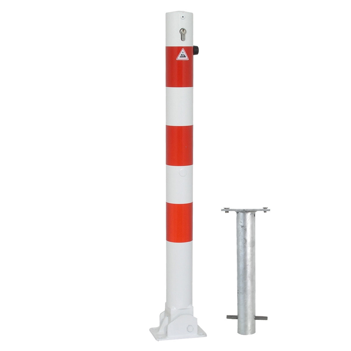 Absperrpfosten 76 mm Stahlrohr umlegbar mit Profilzylinderschloss zum einbetonieren inkl. Bodenhülse